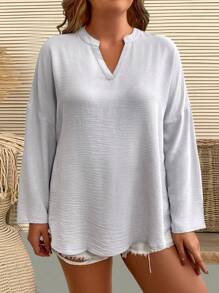 SHEIN LUNE Plus Notched Neckline Roll Tab Sleeve Blouse Fall Cloth For Women - Grey - View 4