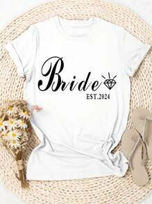 SHEIN LUNE Women Summer Wedding Season Letter Printed Short Sleeve T-Shirt Bride EST2024 - White - View 7