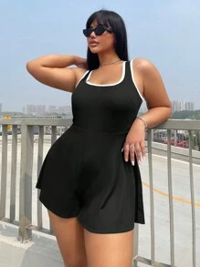 Flirla 大碼無袖U領休閒連身褲 - 黑色 - 查看 3