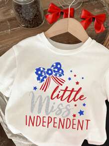 SHEIN Leap Crew 4th Of July, Baby Girl Casual Simple Cartoon Printed Short Sleeve Outfit Suit For Spring And Summer - Multicolor - View 3