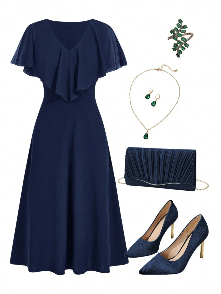 Ellevyn Carnival Ladies' Mid-Length Green Dress With Ruffle Hemline - Navy Blue - View 1