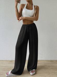 SHEIN EZwear 女士春夏休闲纯色灯芯绒抽绳腰阔腿长裤 - 黑色 - 查看 7