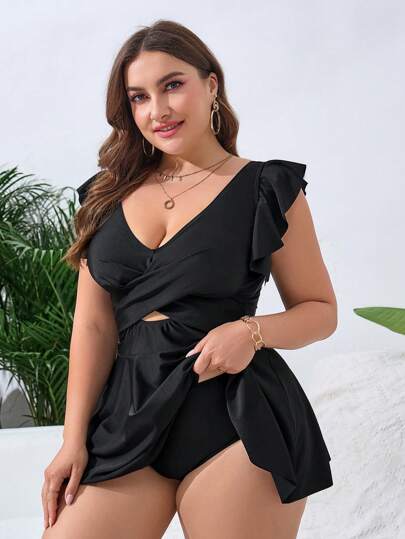 Swim Lushoire Bãi biển mùa hè Plus Size Váy áo tắm Ruffle Hem màu trơn cho kỳ nghỉ, bãi biển và hồ bơi