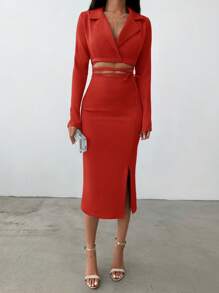 EURMUSE Peak Lapel Lace Up High Slit Suit Set - Red - View 3