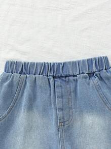 SHEIN Baby Boy 2pcs Casual Vintage Embroidery Cuff Shirt And Denim Shorts Set, Spring Summer Outfits, Suitable For Festival - Multicolor - View 7