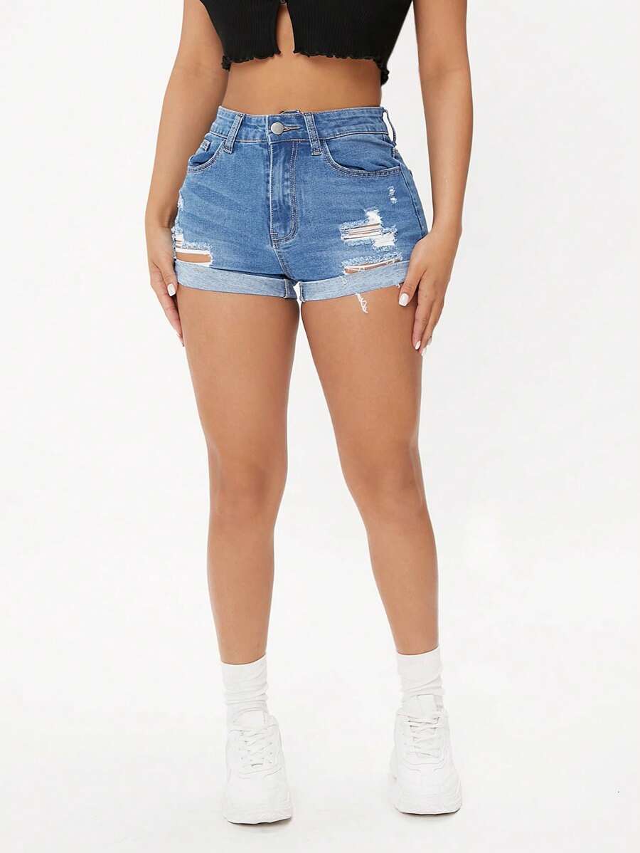 SHEIN PETITE Women Casual Denim Shorts With Pockets, Ripped Holes And Rolled Hem - Medium Wash - View 1