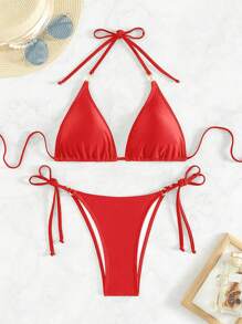 SHEIN Swim 女士夏季沙灘純色頸掛三角內衣和綁帶側邊比基尼套裝 - 紅色 - 查看 6