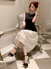 DAZY Robe sans manches à couleurs bloquées simple pour femmes, robe d'été pour anniversaire, Nouvel An, robe de soirée élégante pour femmes - Noir et Blanc - Voir 3
