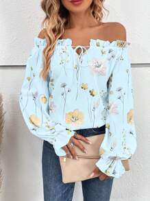 SHEIN VCAY Áo trễ vai nữ in hoa viền bèo - Nhiều màu - Xem 3