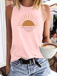 INAWLY Plus Size Women Summer Sunset Print Round Neck Sleeveless Casual Tank Top - Pink - View 1