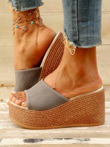 Sandalias de tacón alto y punta abierta para mujer en gris para el verano con suelas de cuña de poliuretano