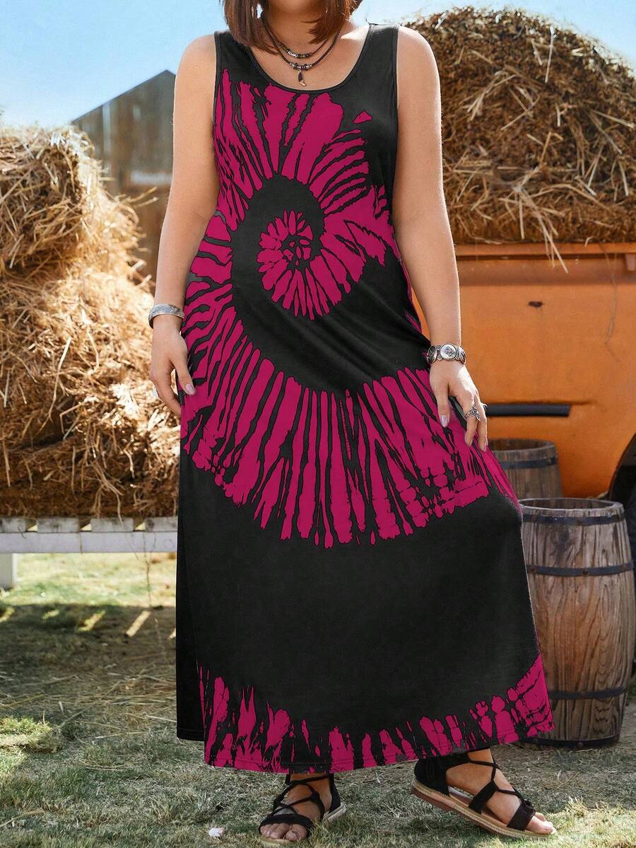 EMERY ROSE 大尺碼印花夏日度假風格無袖連衣裙 - 玫紅色 - 查看 1