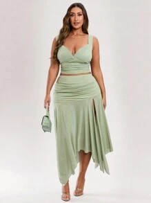 SHEIN BAE Plus Size Damski Letni Wakacyjny Odświeżający Zielony Elastyczny Siateczkowy Bez Rękawów Marszczony Uniwersalny Top Bez Ramiączek Szerokich