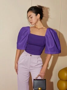 Áo sơ mi cổ vuông tay bồng màu trơn đơn giản hiện đại của Filipiniana dành cho nữ, trang phục mùa hè cho nữ, áo crop top công sở Terno - Màu tím  Violet - Xem 5