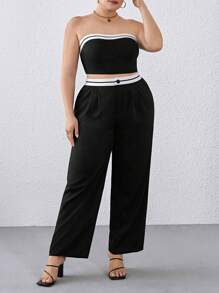 SHEIN Essnce Bộ đồ hai mảnh phối màu không dây cỡ lớn cho nữ kèm quần xếp ly - màu đen - Xem 1