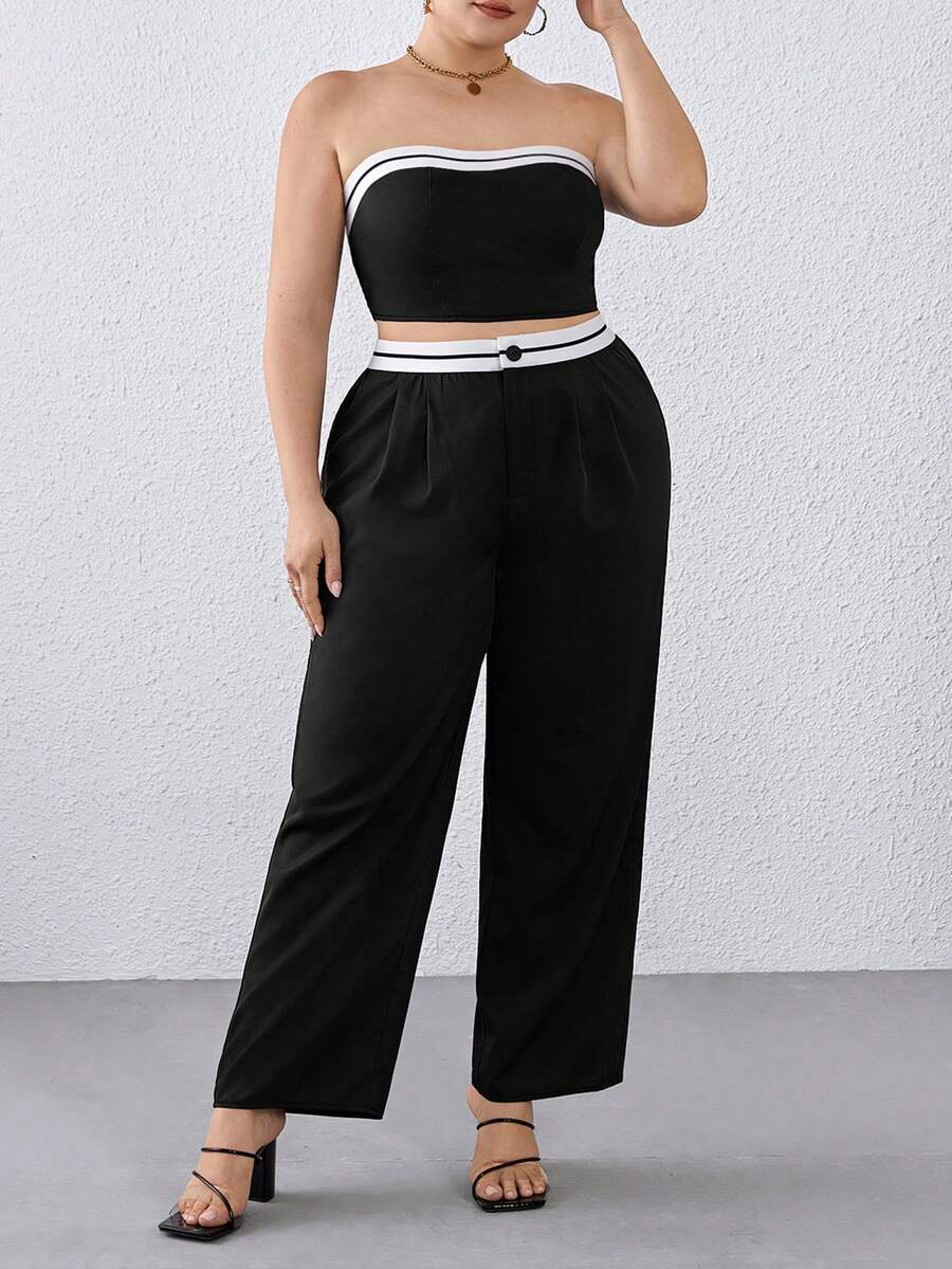 SHEIN Essnce Bộ đồ hai mảnh phối màu không dây cỡ lớn cho nữ kèm quần xếp ly - màu đen - Xem 1