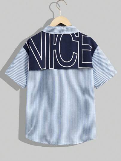 SHEIN 青少年男孩加大尺寸拼色字母圖案短袖襯衫