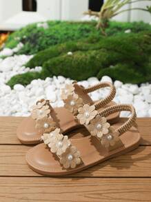 Dép đế bằng ngọt ngào dễ thương cho bé gái mang hàng ngày, giày đi biển thời trang công chúa có hoa trang trí ngọc trai giả cho trẻ em vào mùa xuân hè - Màu be - Xem 3