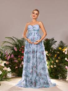 Faeriesty Dressalisa Maternity Floral Mesh Ruched Bustier Formal Party Dress - Baby Blue - View 4