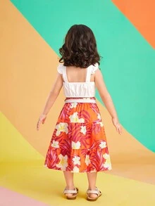 SHEIN Young Girl White Short Fashion Top With Ruffled Sleeves And A-Line Midi Skirt, Perfect Outfit For Children Beach Vacation - Multicolor - View 2