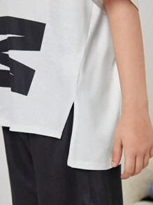 SHEIN Tween Boy Loose And Comfortable Home Wear Set With Letter Print For Summer - Black and White - View 5