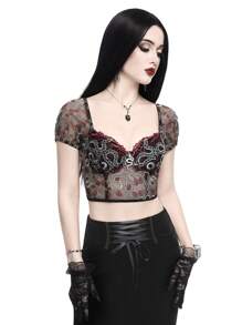 ROMWE Goth 哥德式彩塊蛇紋刺繡蛇吊墜透視女士上衣 - 酒紅色 - 查看 6