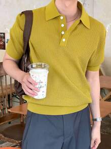 Claim Dot Men's Button Half-Placket Short Sleeve Crochet Knit Shirt - Mustard Yellow - View 1