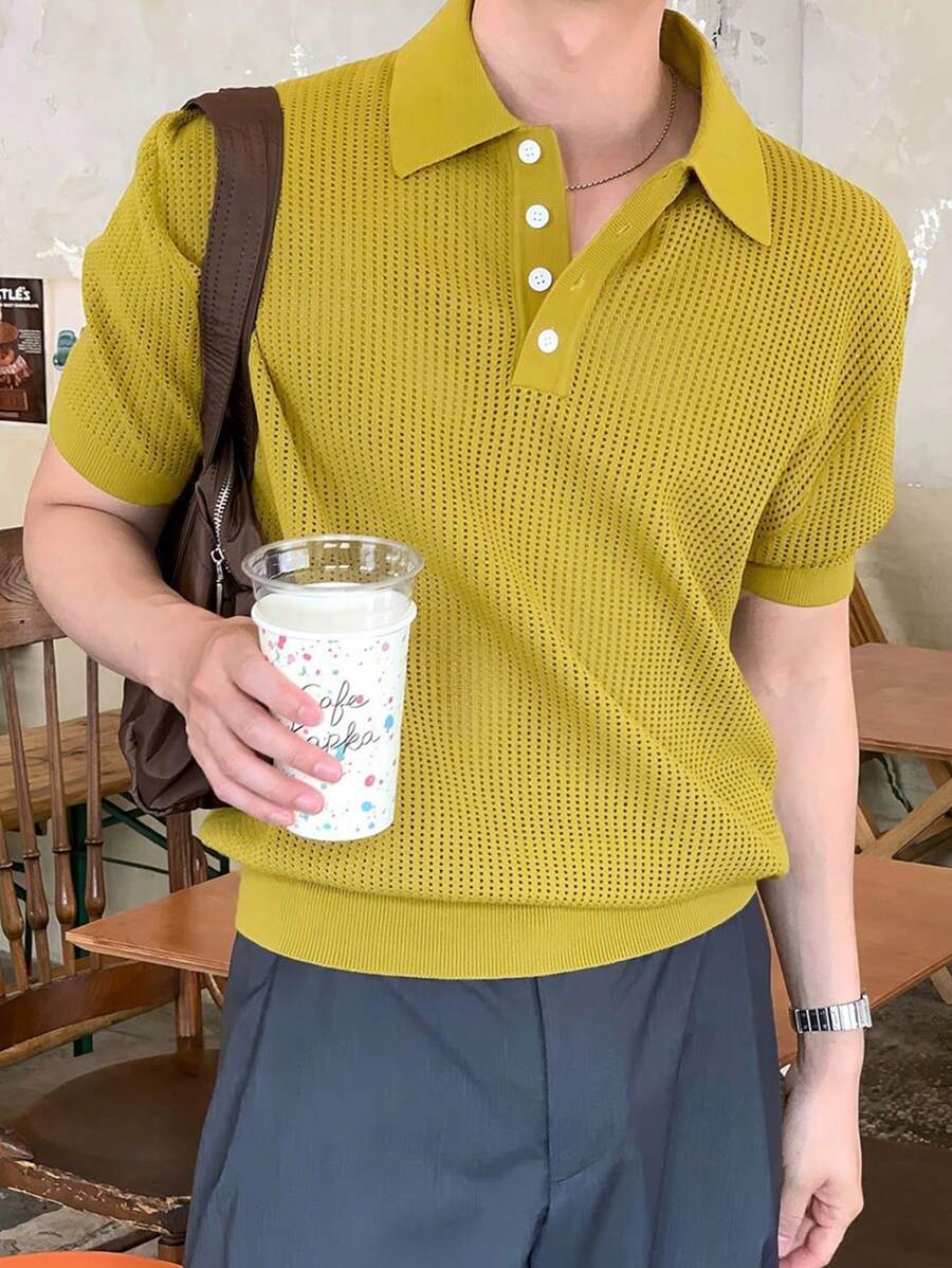 Claim Dot Men's Button Half-Placket Short Sleeve Crochet Knit Shirt - Mustard Yellow - View 1