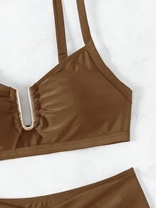 SHEIN Swim 女士夏季海灘無線胸罩和泳裤比基尼套裝，度假必備泳衣 - 咖啡棕 - 查看 5