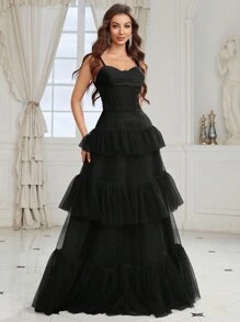 SHEIN Belle Women Heavy Industry Bone Detailing Ruched Bust Layered Mesh Cake Dress Formal Ball Gown For Women For Formal Dinner Party