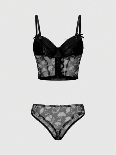 Goth Conjunto de ropa interior de mujer gótico impreso con calaveras y soporte de alambre
