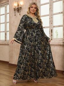 YISIKADO Plus Size Women's Arabian Printed Patch Round Neck Long Sleeve Dress