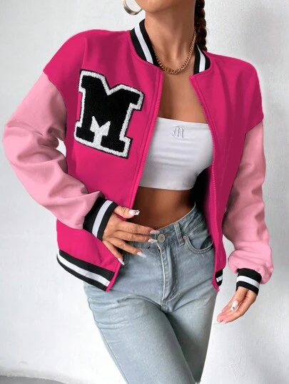 Flirla Campus Style Color-Blocked Patchwork Alphabet Embroidery Baseball Jacket Fall Winter Cloth For Women