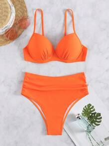 SHEIN Swim 女性夏季海灘實色推桿式底托內衣泳裝套裝 - 橘色 - 查看 7