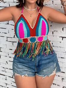 SHEIN VCAY Plus Size Women Striped Patchwork Fringe Hem Halter Neck Tie Back Tank Top For Vacation