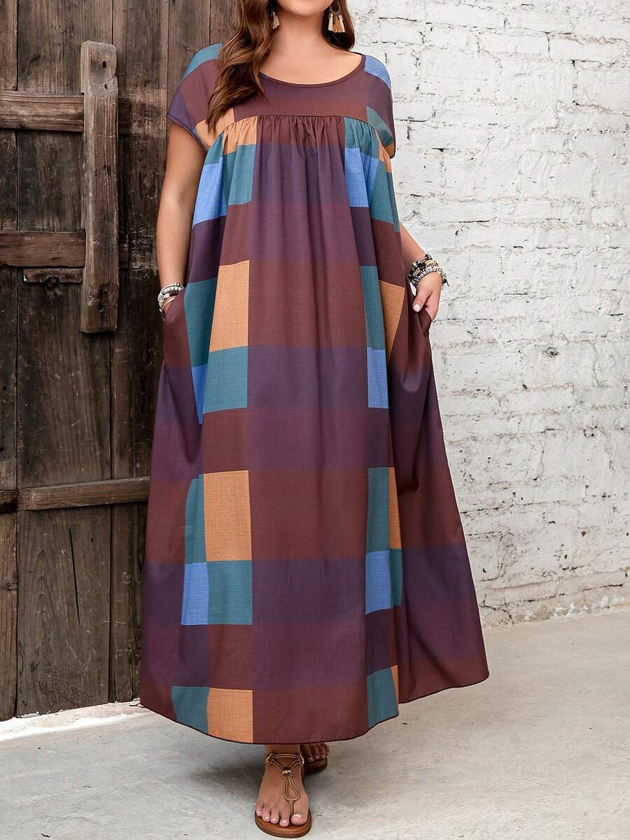 EMERY ROSE Plus Size Summer Plaid Print Long Dress - Multicolor - View 1