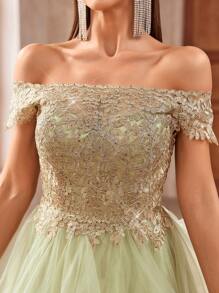 SHEIN Belle Sequins Patchwork Puffy Tulle Women Cocktail Party Dress - Green - View 6