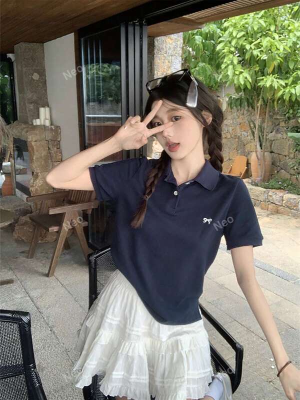 Women's Short Sleeve Casual Polo Collar T-Shirt With Bowknot And Embroidery, Summer