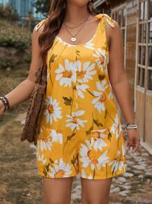 SHEIN LUNE 大码女式花卉印花度假风格宽肩带连体衣，适合夏季 - 黃色 - 查看 4