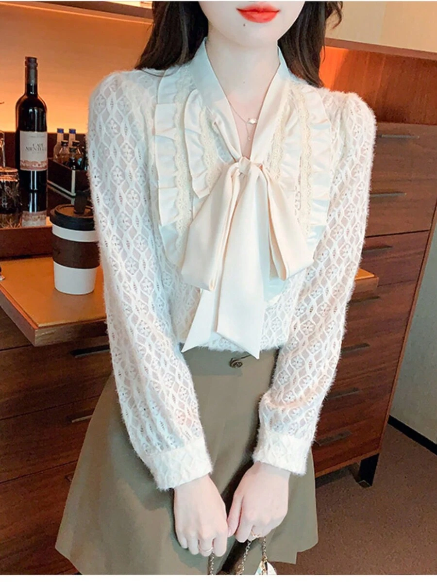 Women's Spring/Summer Elegant Lace Trimmed Shirt With Bow Tie Collar - Apricot - View 1