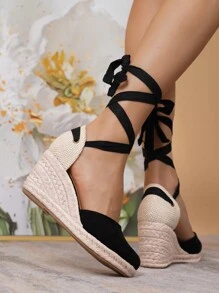 Fashionable Ladies Casual Vacation Woven Wedge Heel Sandals - Black - View 7