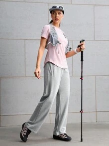 Streetz SHEIN Sport Quần thể thao nữ lưng thun thẳng ống rộng - Xám - Xem 4