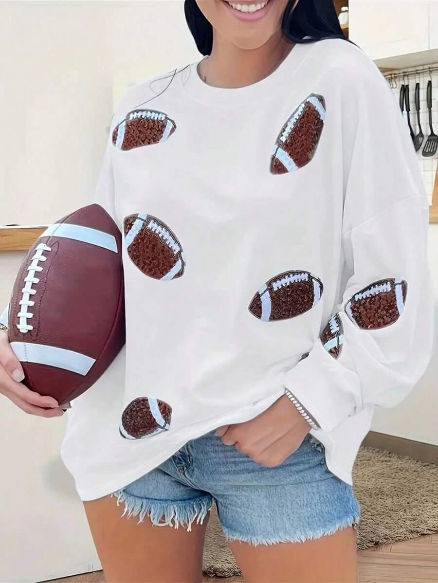 INAWLY Plus Size Loose Fit Casual T-Shirt With Rugby Printed And Drop Shoulder Design For Spring And Autumn - White - View 1