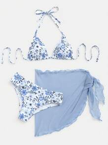 SHEIN Swim 女性夏季沙灘假期小花印花露背比基尼套裝和連身短裙 - 淺藍色 - 查看 3