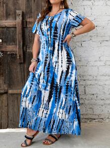 EMERY ROSE 大尺碼女性夏季圓領短袖水染印花長款休閒連衣裙 - 藍色 - 查看 1
