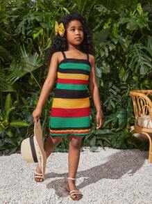 Tween Girl Cool And Knitted Color-Blocked Crochet Cami Dress, Spring/Summer Mommy And Me Matching Outfits (3 Pieces Sold Separately) - Multicolor - View 5