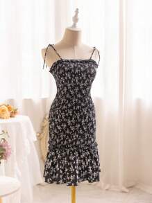 Soleia Floral Print Shirred Detail Spaghetti Strap Dress