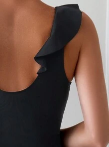SHEIN Swim Summer Women Fashionable Solid Color Ruffled One-Piece Swimsuit With Spaghetti Straps