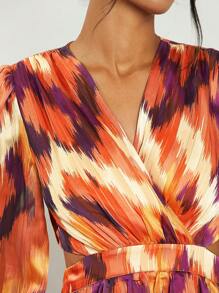 Hauture Elegant Ikat Print Layered Dress With Long Sleeves - Multicolor - View 3