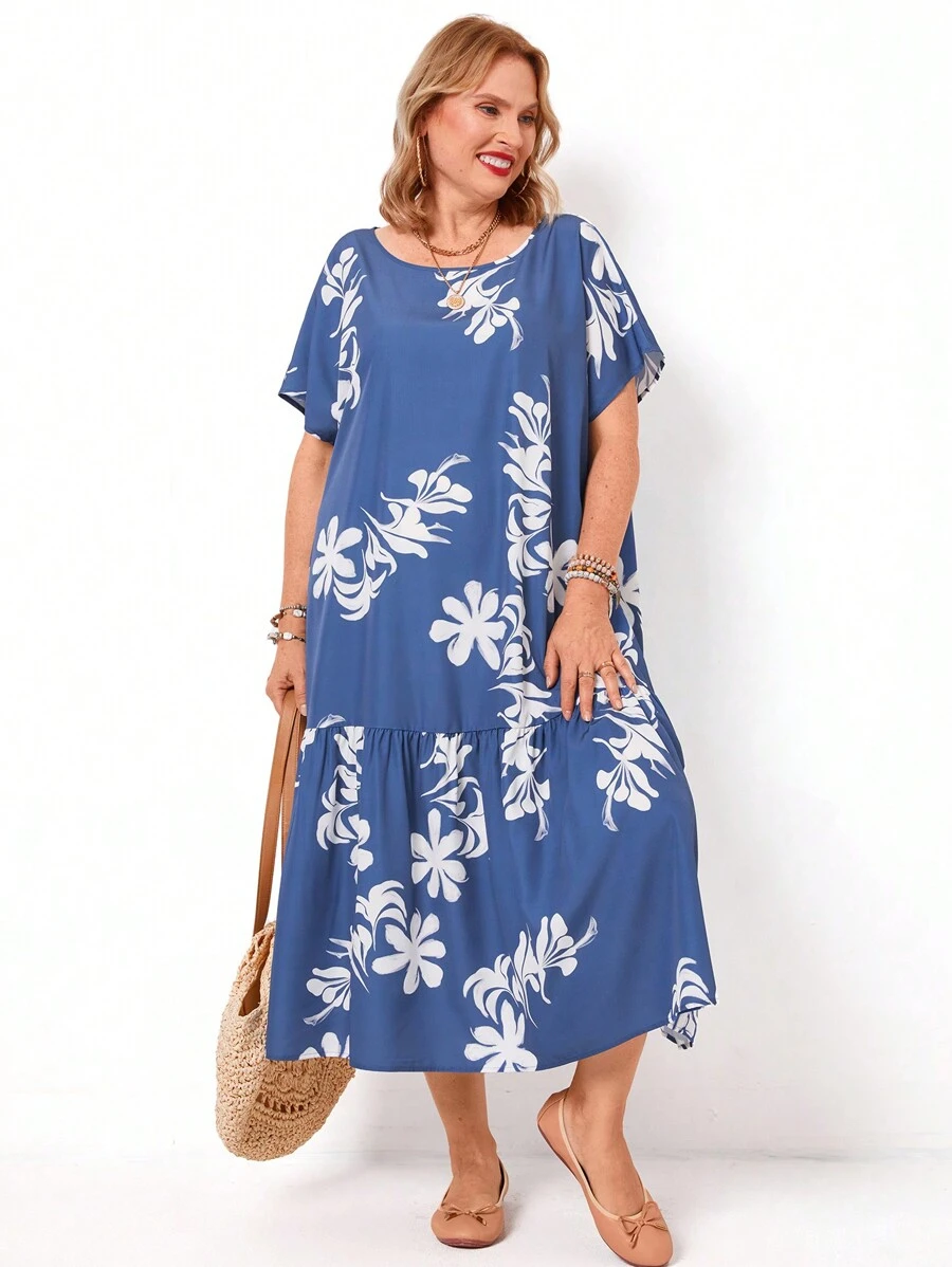 EMERY ROSE Plus Size Women's Summer Vintage Style Printed Round Neck Ripe Elegant Mom Short Sleeve Dress - Blue - View 1